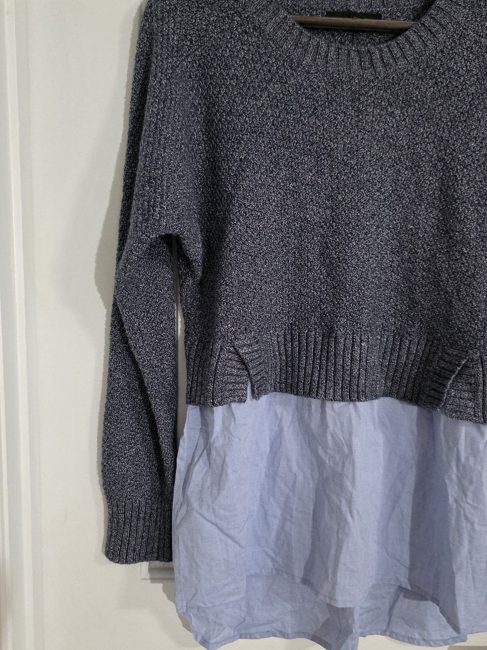 Banana Republic Layered Sweater Shirt | Gray Knit Pullover with Blue Hem | Med - Picture 4 of 11